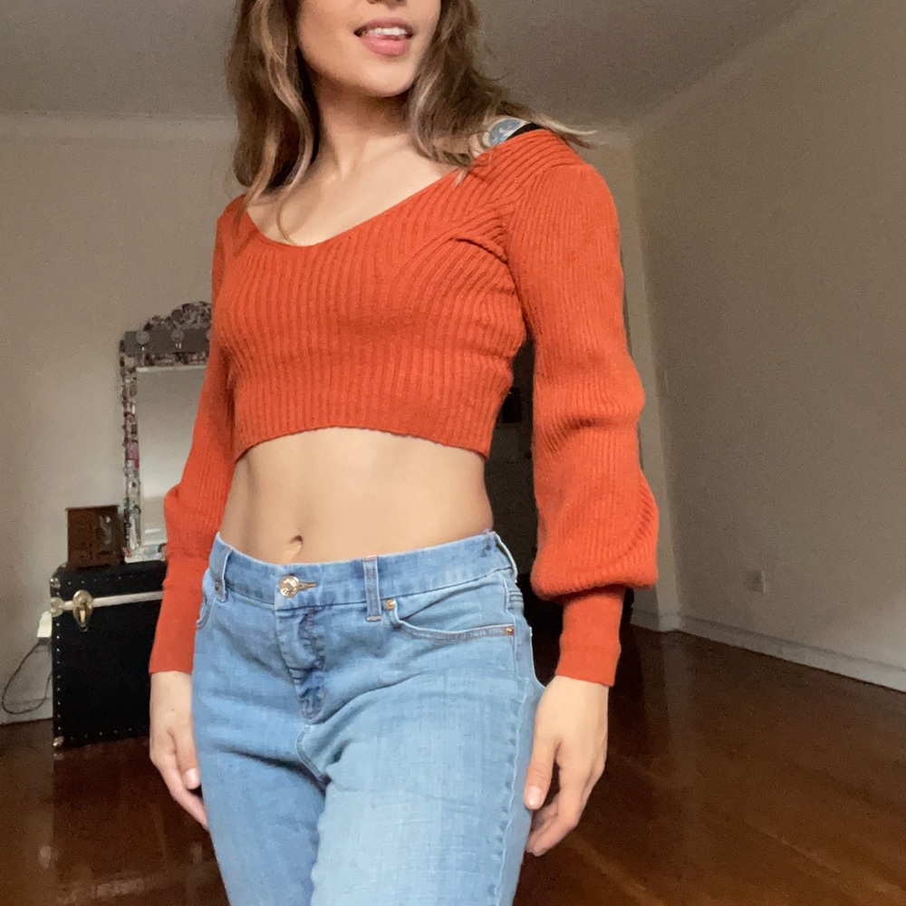 FASHION NOVA ~ V-Neck Balloon Sleeve | Rust Crop Sweater